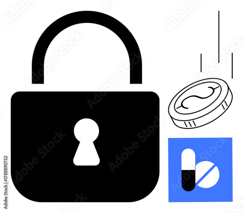 Lock symbolizes security, alongside pill capsules and coin representing healthcare and finances. Ideal for concepts thumbs up protection, trust, insurance, health, finance, access, simple flat