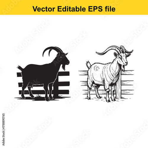 Two goats, one black silhouette and one detailed drawing, standing behind a wooden fence on a