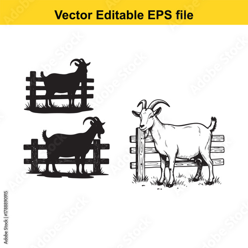 Two goats, one black silhouette and one detailed drawing, standing behind a wooden fence on a
