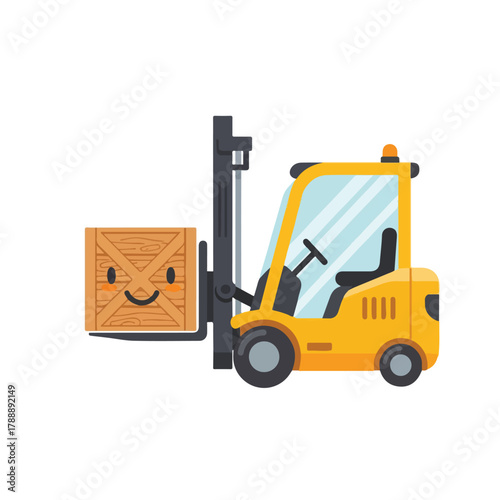 Cartoon Forklift Truck Lifting a Smiling Wooden Crate