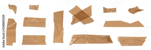 Brown scotch tape set, adhesive tape pieces isolated