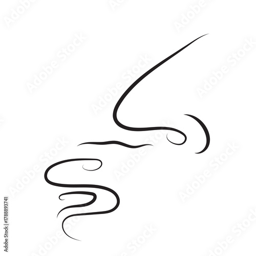 Hand drawn minimalist vector icon of a nose with scent waves