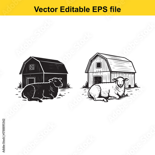 Black silhouette and detailed drawing of sheep near a barn on a