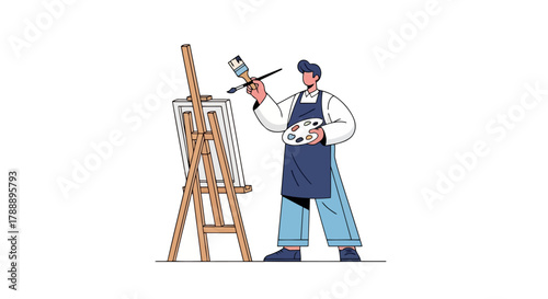 An artist in a blue apron and jeans stands before an easel, holding a palette and brush, painting on a canvas