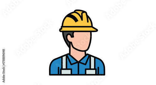Illustration of a construction worker wearing a yellow hard hat and blue overalls