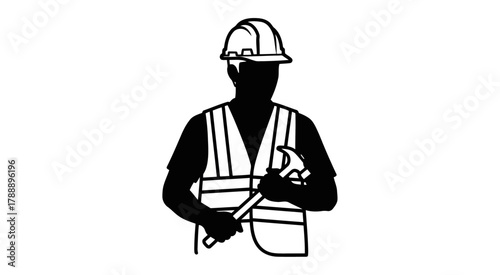 Silhouette of a construction worker wearing a hard hat and safety vest, holding a hammer