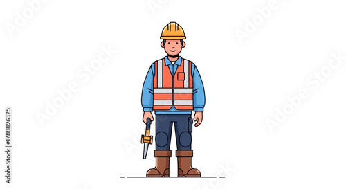 A construction worker wearing a yellow hard hat and an orange safety vest, holding a tool and standing on a