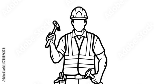 A construction worker silhouette in black and white, wearing a hard hat and safety vest, holding two hammers