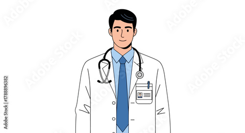 A friendly male doctor wearing a white coat and stethoscope, smiling and looking at the camera