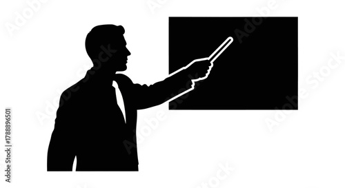 Silhouette of a man in a suit and tie, pointing with a stick towards a black rectangle, suggesting a presentation or teaching scenario