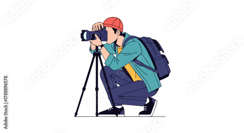 A photographer crouching with a camera on a tripod, capturing a shot, wearing a backpack and a cap