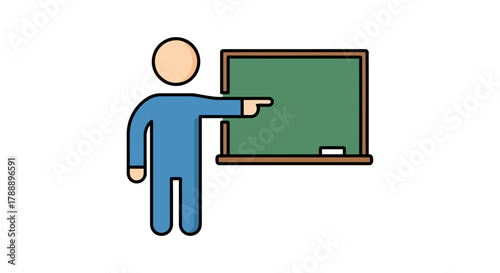 Teacher pointing at a green chalkboard with a chalk stick