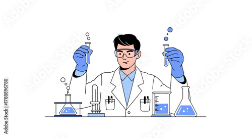 Scientist in a lab coat and goggles holding test tubes with blue liquid, surrounded by laboratory equipment and bubbles, illustration
