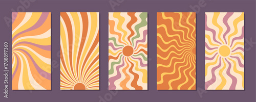 Retro groovy sun burst pattern set with wavy background, swirl and wave effect in orange and yellow. Y2k aesthetic combines sunshine sun shapes for a graphic with an energetic, modern vertical