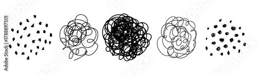 Abstract black shapes and lines in varying arrangements on white background. Trendy pattern for poster, social media and other designs. Vector illustration.