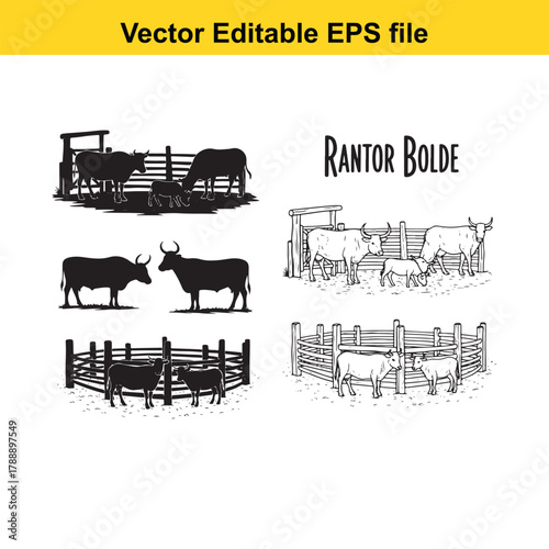 Collection of black and white illustrations of cows and calves in pens