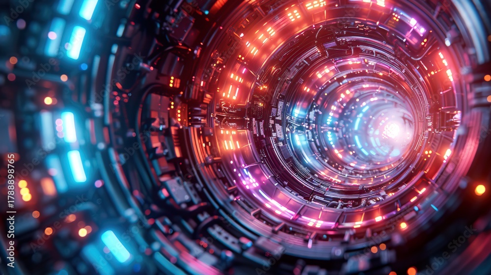Obraz premium Futuristic neon tunnel with glowing digital circuitry and blue orange lights, generative ai 