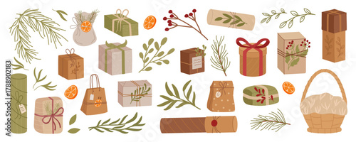 Vintage kraft gift box set in flat graphic style with paper, ribbon, and bow. Present bundle for xmas, natural vintage collection in soft brown. Versatile graphic for decor or holiday event.