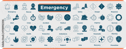 An emergency icon set featuring rescue, safety, medical, disaster, ambulance, warning, and security symbols in clean flat outline and filled styles.