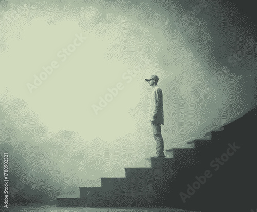 A solitary figure stands on stairs, shrouded in misty light, evoking a surreal atmosphere.