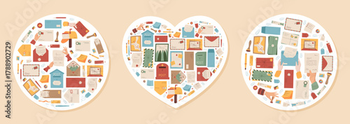 Heart mail sticker flat concept set. Envelope, letter, card, and note with postcard, message, and stamp in modern shape. Icon creative for correspondence, paper communication, unique label.
