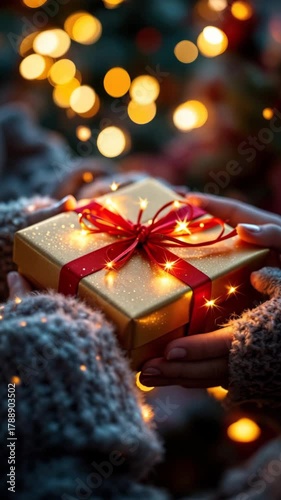 Cozy gift exchange: warm knitted gloves holding a festive present wrapped with red bow and twinkling lights