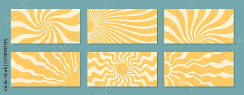 Groovy retro sun ray burst backgrounds with yellow and orange swirl and wavy shapes set. Grungy y2k style set creates bold sunshine graphic, horizontal format ideal for vibrant trendy design