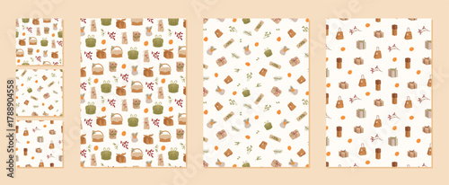 Seamless eco kraft gift pattern set in flat design style. Green package and cardboard box create a vintage xmas background for modern textile or festive decor.
