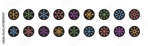 Chalk snowflake label set in black and pastel on round ornament. Package seal and lid icon as circle illustration. Christmas graphic for product package, decorative festive label design in pastel