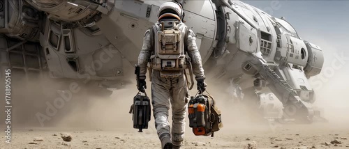Astronaut approaches massive spaceship in dusty alien desert landscape for exploratory mission, scifi scene, deep space and future concept