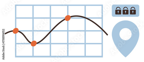 Line graph with data points on a grid, geolocation marker, and security locks. Ideal for statistics, analytics, business growth, cybersecurity, navigation, mobile apps and simple flat metaphor