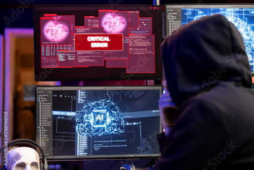 Hacker seeing critical error warning on computer when hacking firewalls using machine learning. Evil man failing to break into enterprise database because of malfunctioning virus software