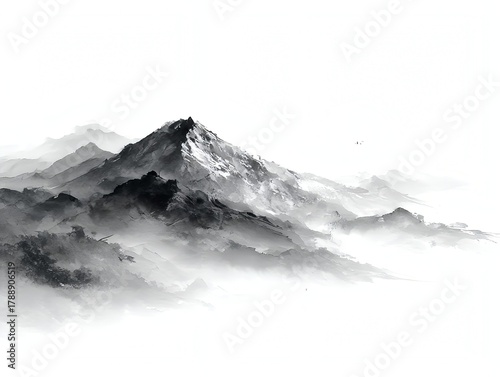 山, sumi-e, 霧, silence, 墨, mountain, 幽玄, monochrome
