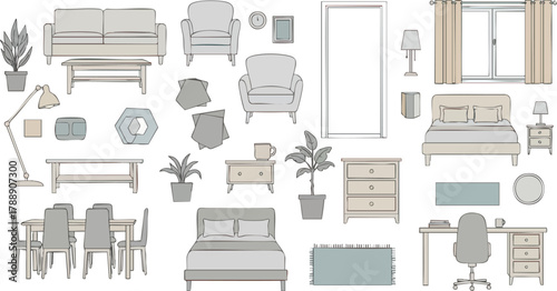 Collection of various furniture pieces for home interior design.