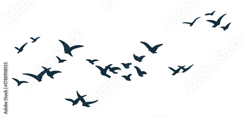 Flock of Flying Birds Silhouettes Soaring in Sky, Wildlife Freedom Grace Nature and Unity. Vector Hand Drawn Sign of Dove Migration, Clean Isolated Illustration