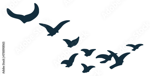 Flock of Flying Birds Silhouettes Soaring in Sky, Wildlife Freedom Grace Nature and Unity. Vector Hand Drawn Sign of Dove Migration, Clean Isolated Illustration