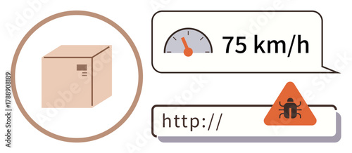 Cardboard box, speedometer reading 75 kmh, and URL field with bug warning symbol. Ideal for e-commerce, delivery, cybersecurity, online purchases, logistics warnings and technology. Simple flat
