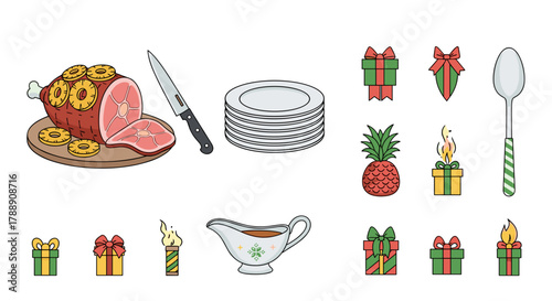 Christmas ham with pineapple, gravy, plates, cutlery, and gifts