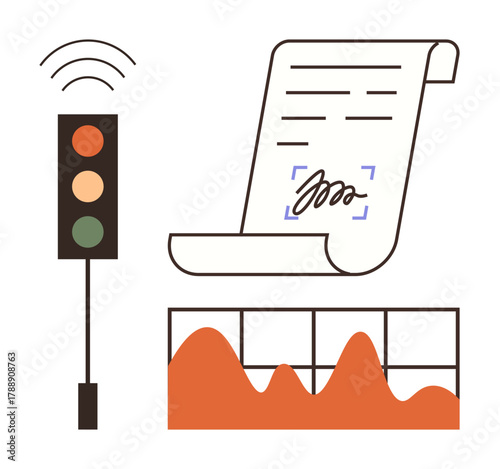 Smart traffic signal emitting waves, a digital contract ready for signing, and an orange graph for data analysis. Ideal for technology, automation, graph analysis, digital signatures, smart