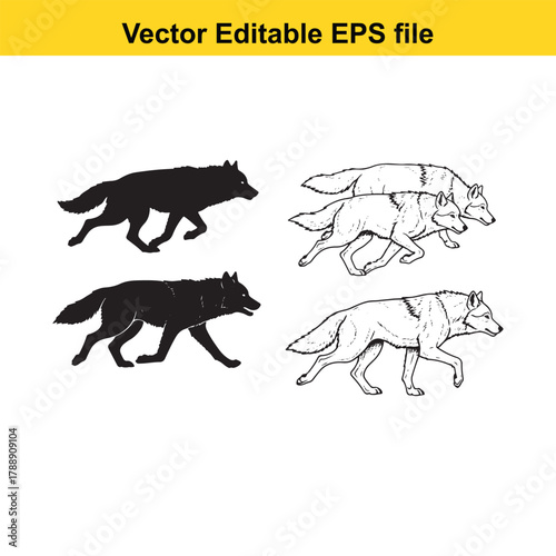 Wolf pack illustration, black and white vector art