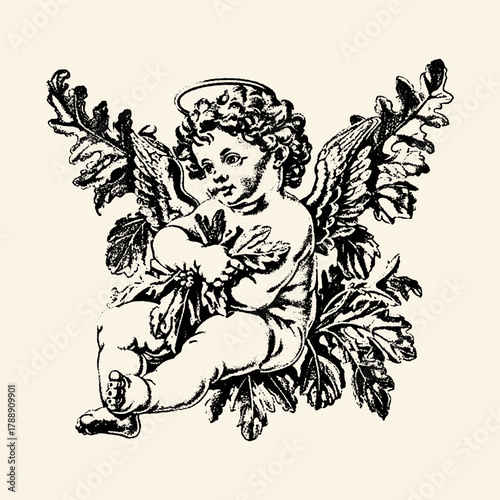 Cherubic Angel with Wings and Leaves Illustration.