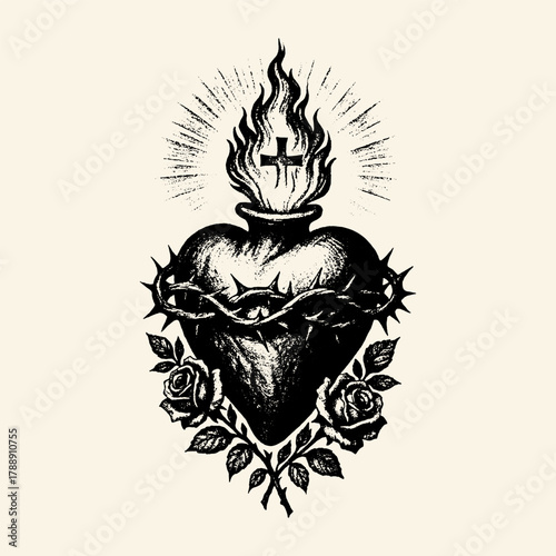Sacred Heart of Jesus with Crown of Thorns and Roses.