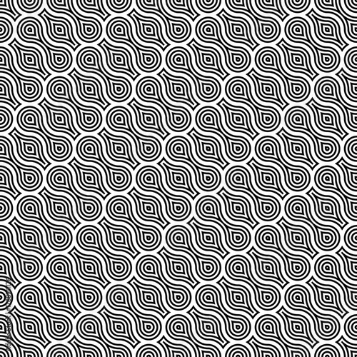 Repeated black interlocking figures tessellation on white background. Rounded blocks wallpaper. Seamless surface pattern design with pavers. Mosaic motif. Digital paper with dumbbell shapes. Vector.