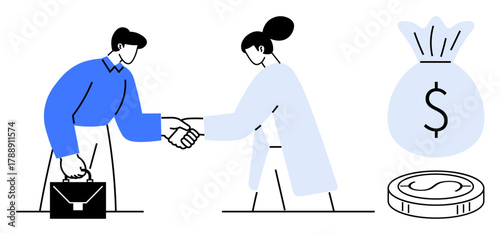 Two people shaking hands in formal attire, accompanied by a money bag and coin. Ideal for partnership, negotiation, investment, agreement, deal-making, collaboration, simple flat metaphor