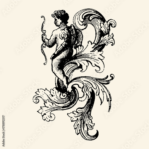 Vintage Cherub with Bow and Ornate Swirls.