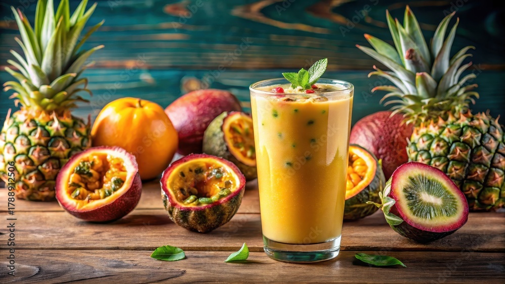 Fototapeta premium Exotic tropical fruit smoothie with passion fruit and pineapple blending together