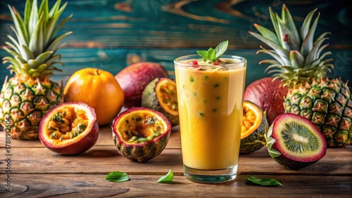 Exotic tropical fruit smoothie with passion fruit and pineapple blending together