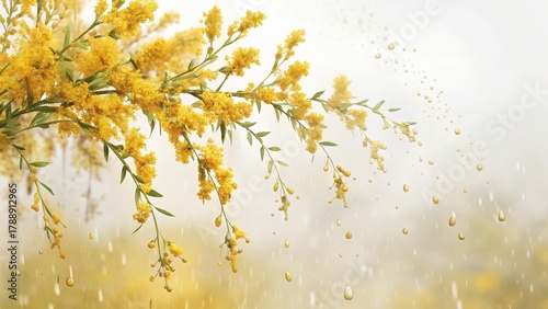 Dainty raindrops fall gently onto a cluster of goldenrod flowers against a soft white background