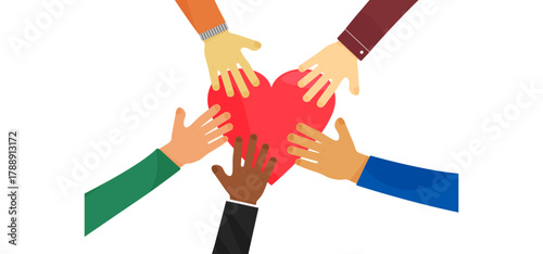 Empathy and charity, love heart hand. Help community, give and care compassion. Social support people, share concept. Diverse faith, charitable background. Peace protection icon. Vector illustration