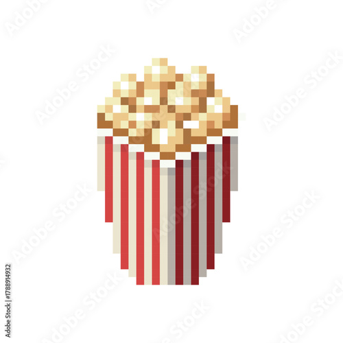 Pixel art popcorn bucket icon.  Retro movie night popcorn snack game asset. Vector illustration. 